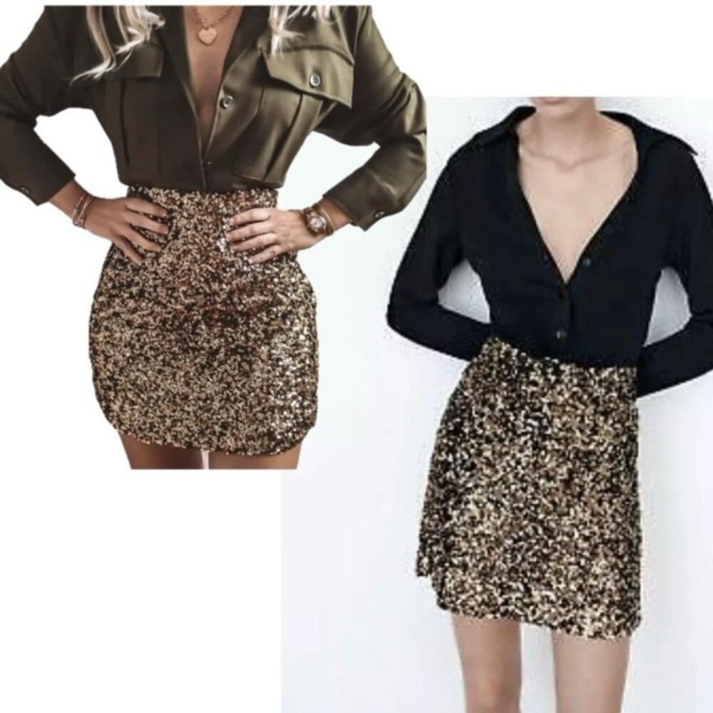 Zara Gold sequin metallic miniskirt stretchy Sz S lined side zip closure sparkly